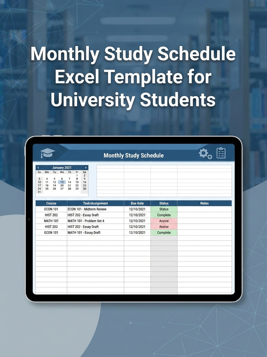 Monthly Study Schedule Excel Template for University Students
